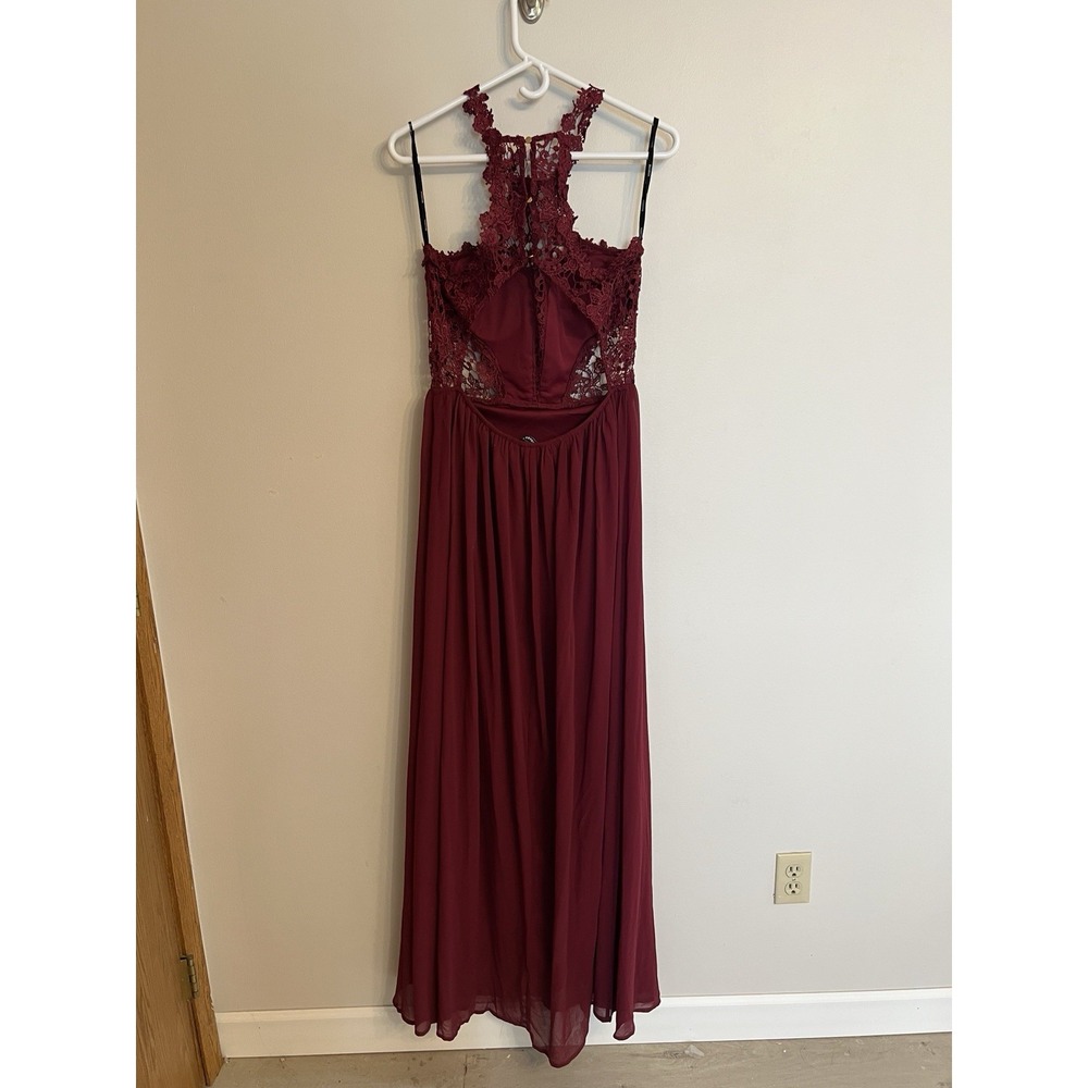 Formal sleeveless maxi dress, Soeiblu Maroon Lace High Neck Chiffon Skirt - Picture 5 of 7